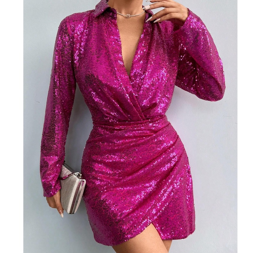 Luxe Hot Pink Sequin Long Sleeve High Waisted Ruched Party Evening Dress - Picture 2 of 5